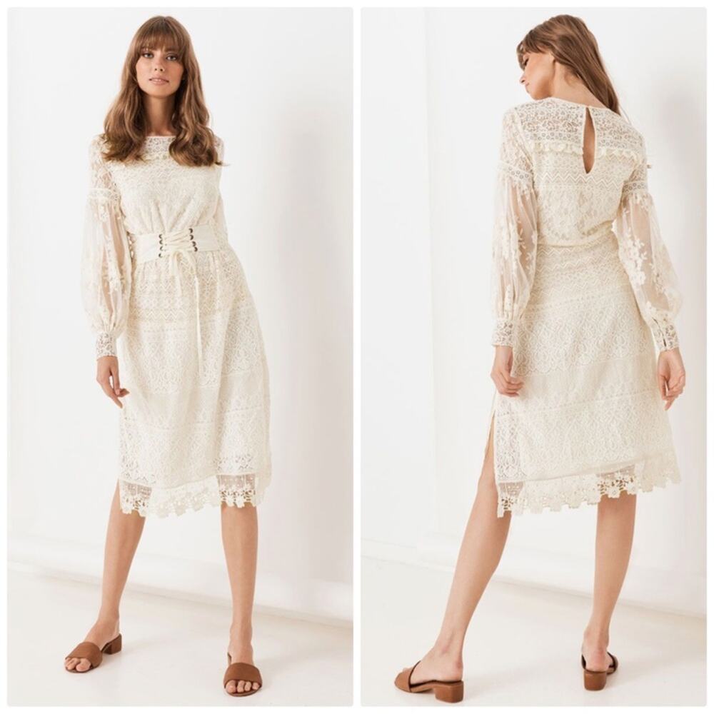 Spell & the Gypsy Cream Dawn adjustable tie-Lace belt‎ Longsleeved Midi Dress XL